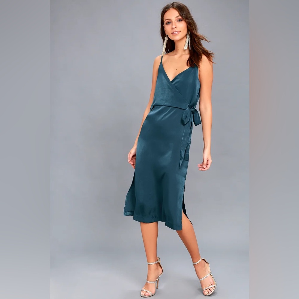 Lulus Fall in Love Teal Blue Satin Midi Wrap Dress